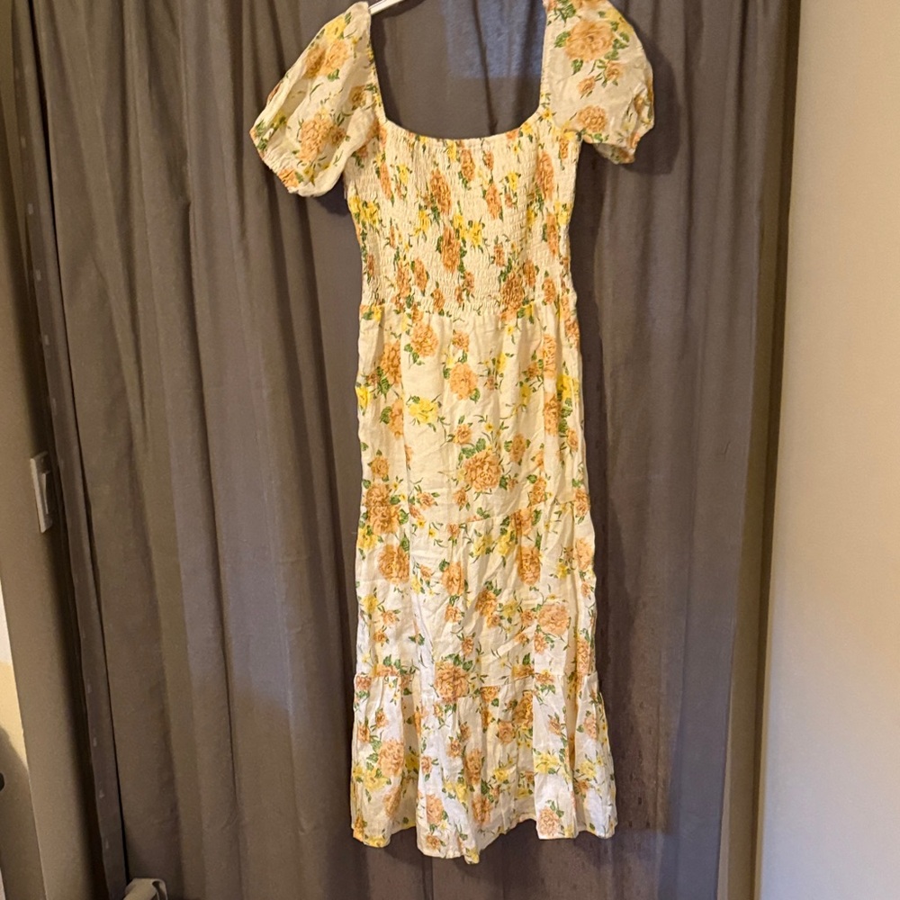 Faithfull the Brand 100% linen. Cream and Orange Floral Midi Dress.